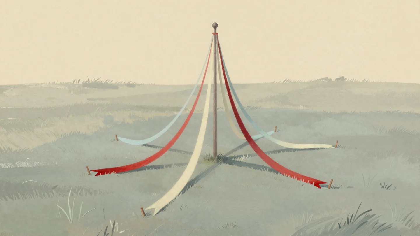 A maypole with five ribbons stretched out to stakes around it like a star