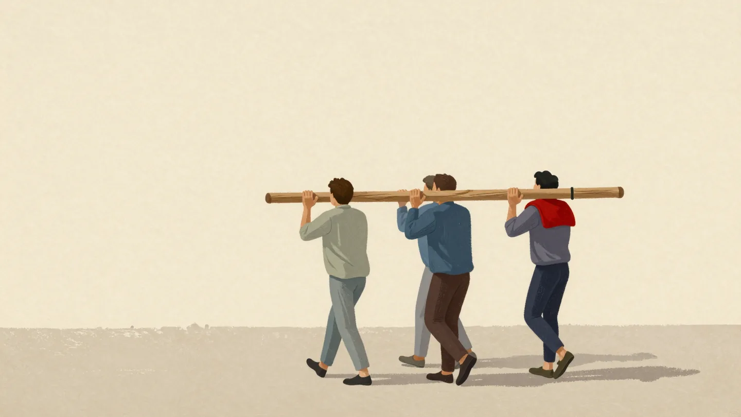 Four figures seen from behind carrying one long oak beam on their shoulders along a village lane.