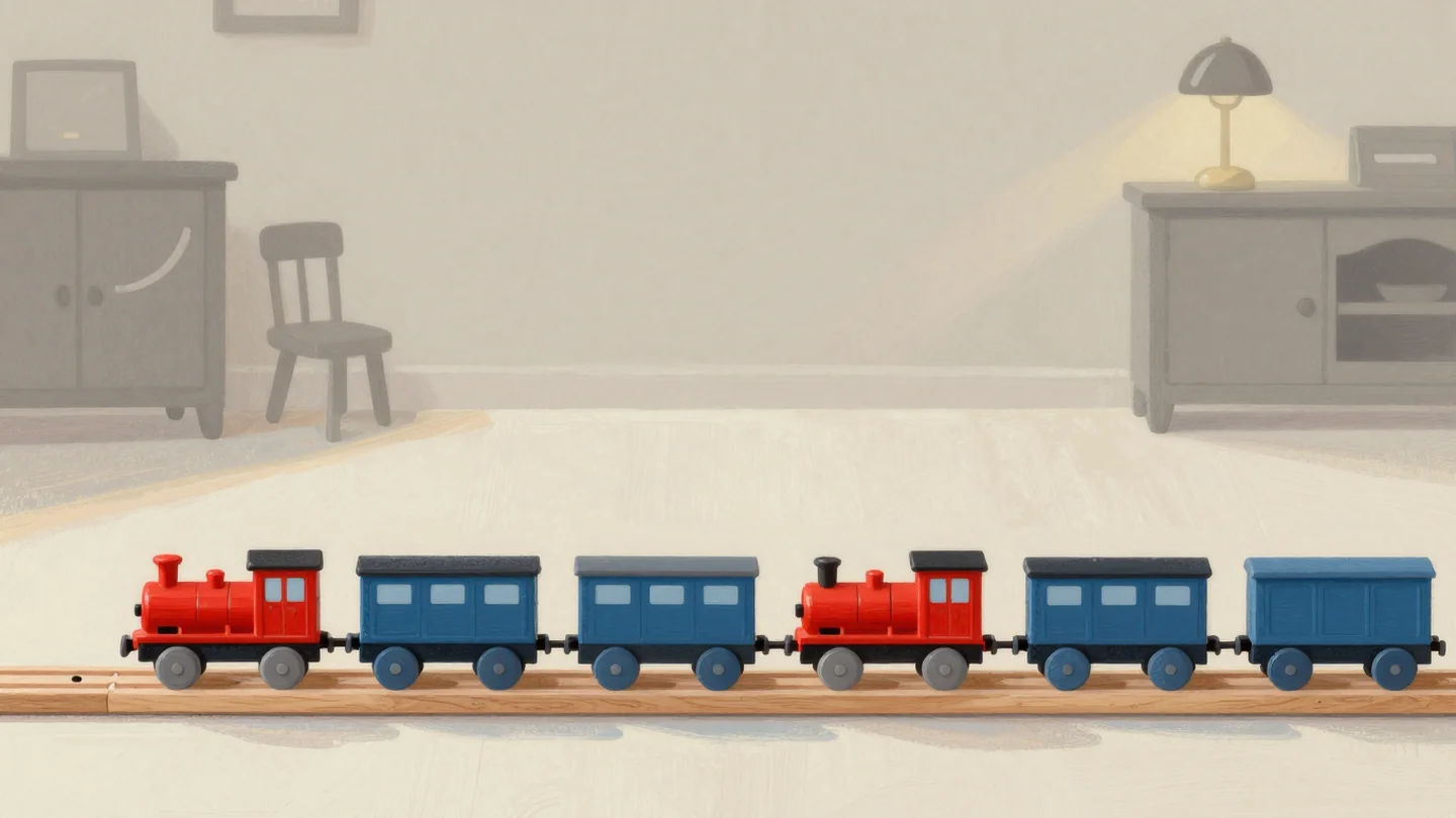 Gouache painting: two identical toy trains with red engines and blue carriages standing on one wooden track
