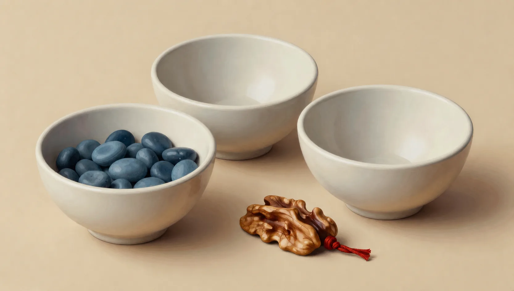 Three ivory bowls hold blue pebbles or remain empty, beside a walnut piece and red cord.