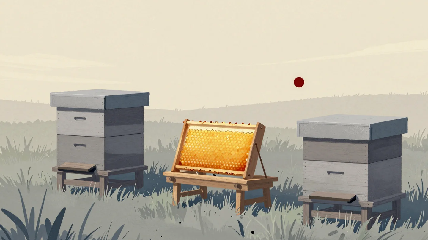 Gouache painting: three wooden stands in a meadow