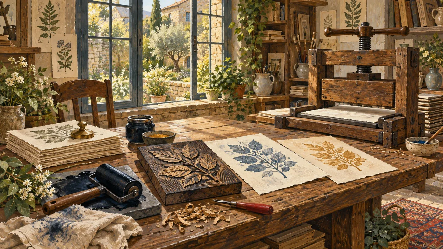 OUTPUT INTO illustrated by a botanical printing block, blue and ochre impressions and a preserved paper stack on a printmaking bench.