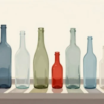 Glass bottles on a windowsill arranged tallest to shortest, one short vermilion bottle out of place in the middle.