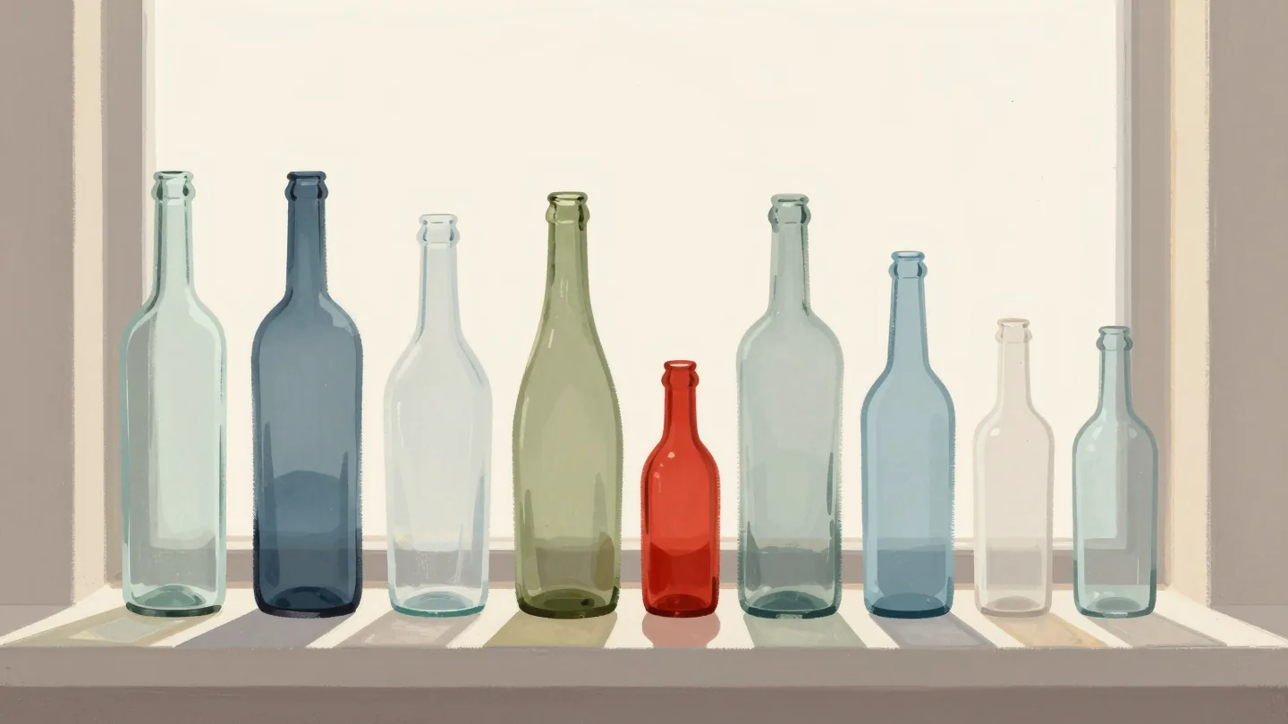 Glass bottles on a windowsill arranged tallest to shortest, one short vermilion bottle out of place in the middle.