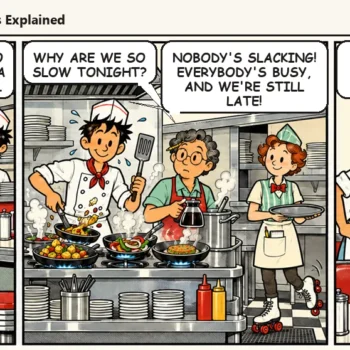 A postcard says the food critic is coming, the busy kitchen can't explain its late plates, and Casey hangs up a new clipboard while Ace, Quinn and even the jukebox lean in. Casey asks, "New question. What are we waiting for?"