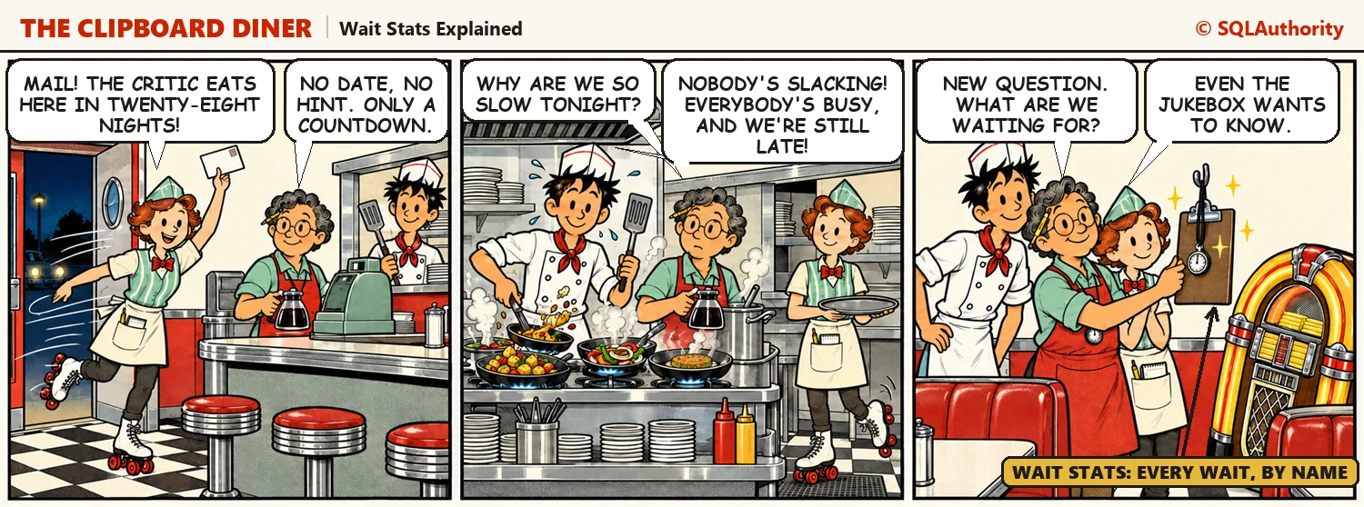 A postcard says the food critic is coming, the busy kitchen can't explain its late plates, and Casey hangs up a new clipboard while Ace, Quinn and even the jukebox lean in. Casey asks, "New question. What are we waiting for?"