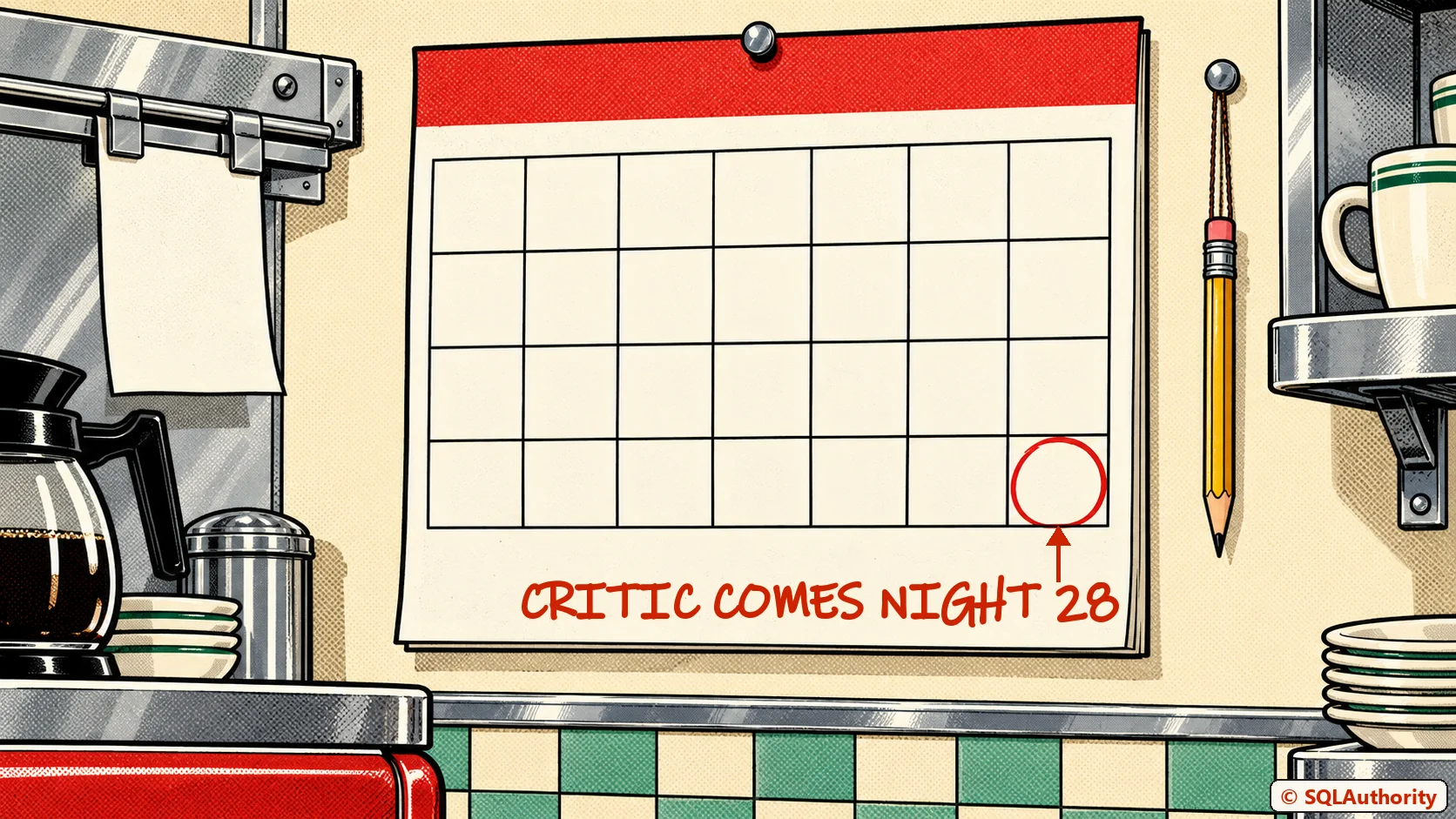 A paper wall calendar in the diner kitchen with 28 empty boxes, the last one circled in red, and the words CRITIC COMES NIGHT 28 written under it