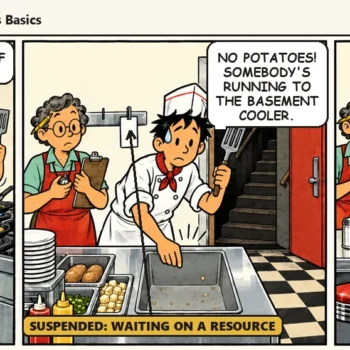 Casey times one Garden Hash: Ace stalls at an empty potato bin, and by the time Quinn serves the plate, a cobweb has grown on the trucker's coffee cup. Casey reads the stopwatch: "Cooking: four minutes. Waiting: nine."