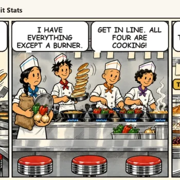 Kit gets the potatoes fast, but every burner is busy, so the order waits on the rail while the potatoes grow bored little faces and Casey hangs a second stopwatch. Quinn sums it up: "Ready to cook, stuck in line. That's a signal wait!"