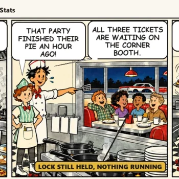 During the Saturday rush Casey asks each ticket what it waits for, finds three orders stuck behind a finished party in the corner booth, and clears the booth so Ace can fire all three plates. Casey says, "The quiet booth was the head blocker."
