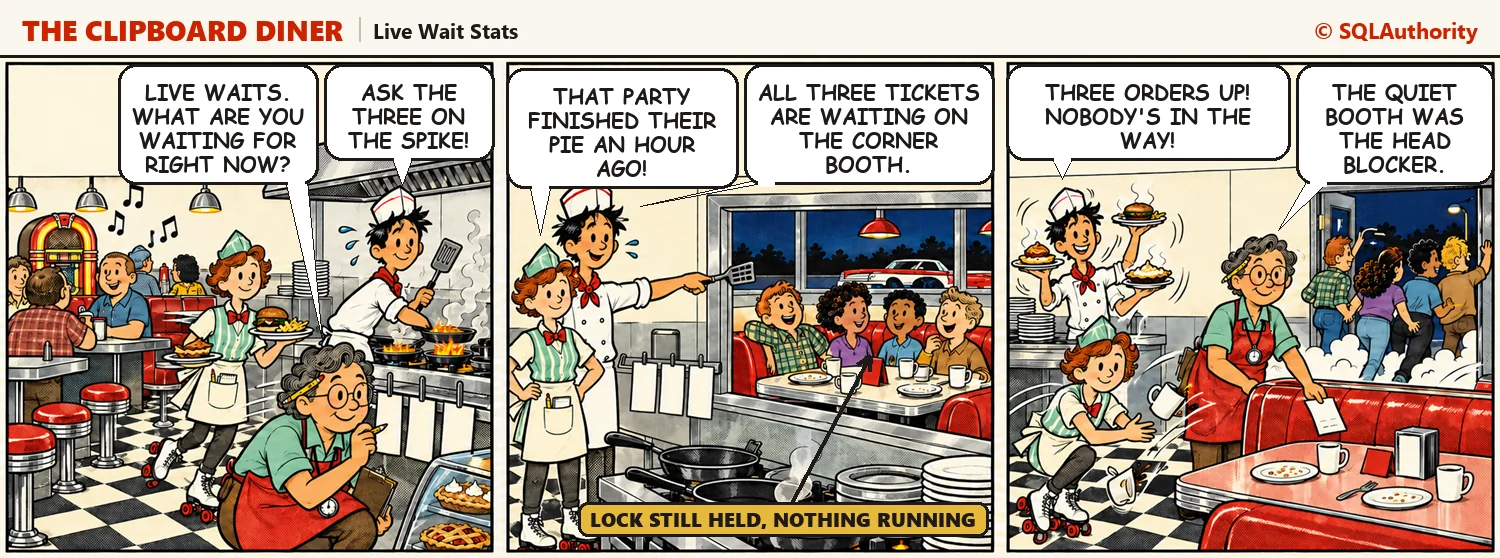 During the Saturday rush Casey asks each ticket what it waits for, finds three orders stuck behind a finished party in the corner booth, and clears the booth so Ace can fire all three plates. Casey says, "The quiet booth was the head blocker."