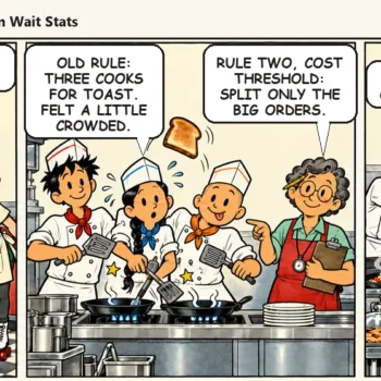 Casey posts two house rules for big parties, remembers three cooks crowding one plate of toast, and catches Ace sneaking a cook's hat onto Quinn to add a third cook. Casey says, "Nice try. Two cooks, even with a spare hat."