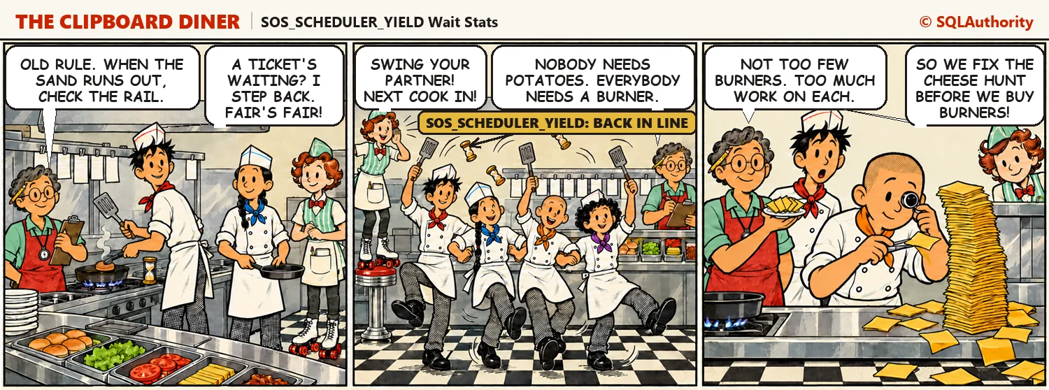 The cooks keep trading burners in a square dance called by Quinn, and Casey finds Jesse searching a towering stack of cheese slices with tweezers for four slices. Casey explains, "Not too few burners. Too much work on each."