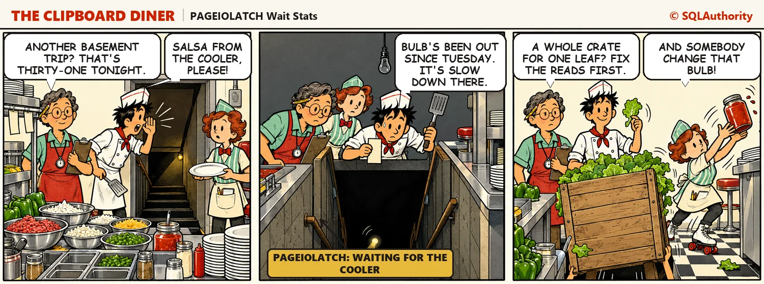 Ace waits at the top of dark basement stairs for ingredients, then a whole crate of lettuce arrives for a single leaf and knocks the salsa jar off the counter into Quinn's hands. Casey says, "A whole crate for one leaf? Fix the reads first."