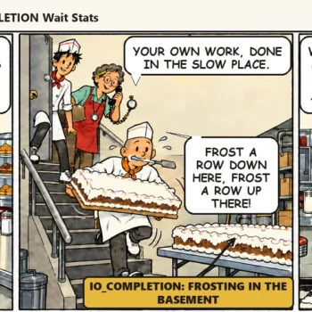 Casey clears a small patch of counter for a cake for twelve, sixty guests show up, and Jesse ends up frosting half the cake down in the basement. In the last panel a frosting-covered Jesse sits by the lopsided cake while Casey takes the next cake order on the phone: "Cake for twelve? Lovely. Now, how many are really coming?"