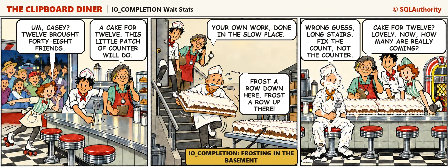 Casey clears a small patch of counter for a cake for twelve, sixty guests show up, and Jesse ends up frosting half the cake down in the basement. In the last panel a frosting-covered Jesse sits by the lopsided cake while Casey takes the next cake order on the phone: "Cake for twelve? Lovely. Now, how many are really coming?"