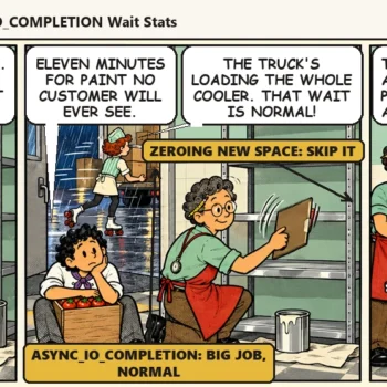 Casey makes Jules wait while a new steel shelf gets painted, as the night truck loads the cooler out back. In the last panel the tomatoes sit on bare steel and the paint can rests under a glass dome like a museum piece: "Truck waits are the job. Paint waits are a habit."