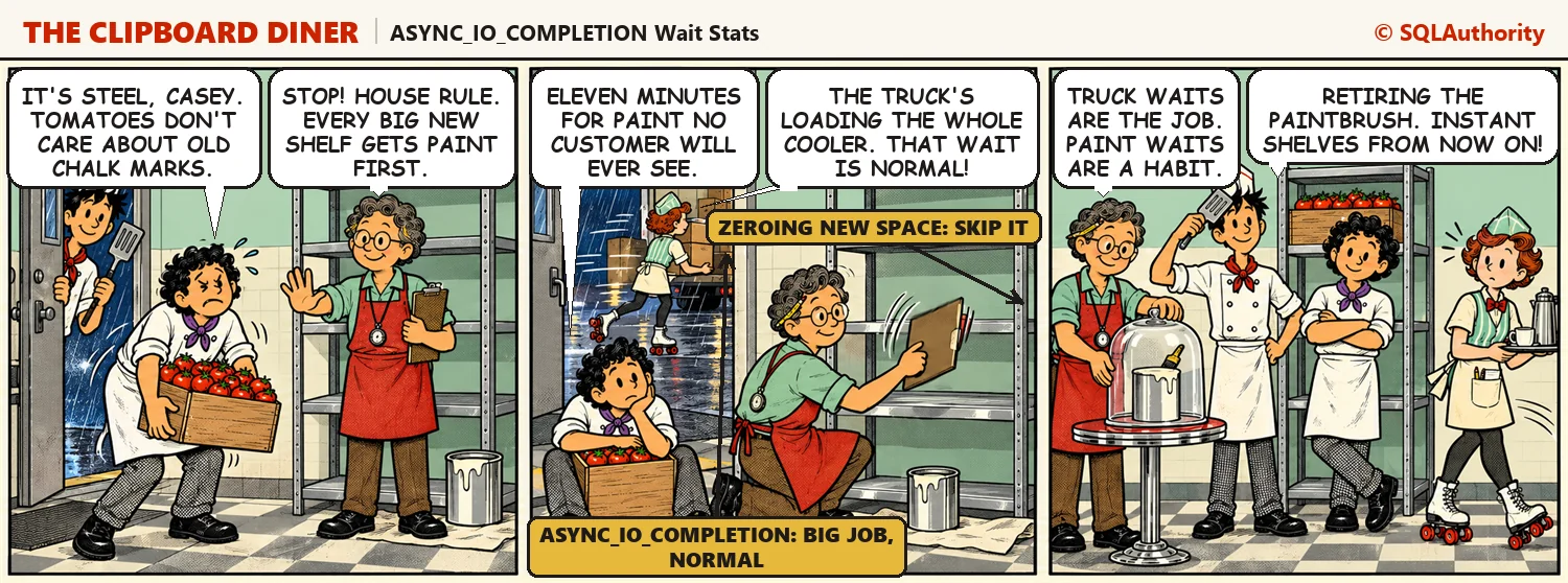 Casey makes Jules wait while a new steel shelf gets painted, as the night truck loads the cooler out back. In the last panel the tomatoes sit on bare steel and the paint can rests under a glass dome like a museum piece: "Truck waits are the job. Paint waits are a habit."