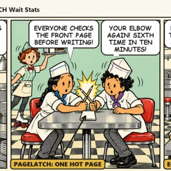 Four cooks crowd one ticket book at the pass and two of them collide over the front page of a single notepad. In the last panel four notepads sit spread out on the back table and the cooks wait politely behind a velvet rope made of ladles: "Four notepads for the back table. One line for the book."