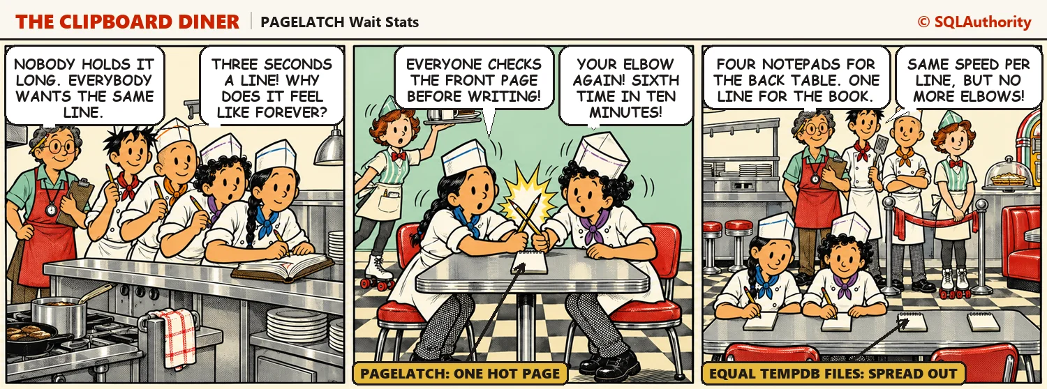 Four cooks crowd one ticket book at the pass and two of them collide over the front page of a single notepad. In the last panel four notepads sit spread out on the back table and the cooks wait politely behind a velvet rope made of ladles: "Four notepads for the back table. One line for the book."