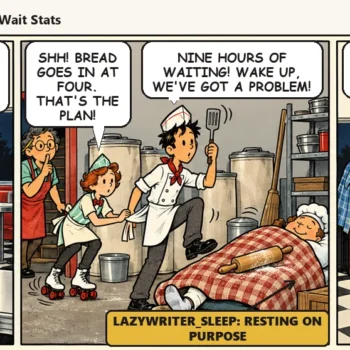 Ace panics at nine hours of waiting on Casey's clipboard and tries to wake the sleeping night baker. In the last panel the jukebox wears a sleep mask, Ace tiptoes past, and Casey draws a line under the sleepers: "If no plate waits on it, it's not the problem."