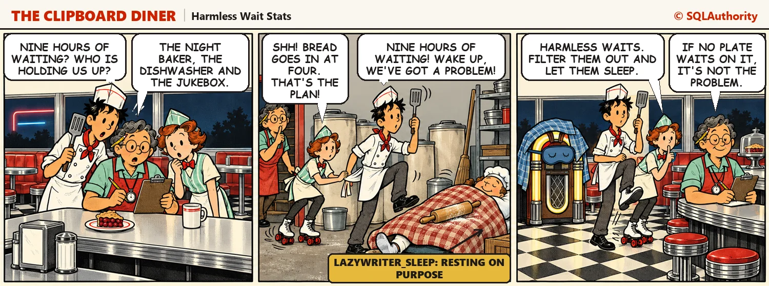 Ace panics at nine hours of waiting on Casey's clipboard and tries to wake the sleeping night baker. In the last panel the jukebox wears a sleep mask, Ace tiptoes past, and Casey draws a line under the sleepers: "If no plate waits on it, it's not the problem."