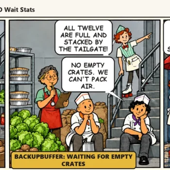 Jesse and Jules pack crates in the basement until they run out of empties, because every full crate is stuck by the truck across a gravel lot. In the last panel Ace brings six more crates while a snail outpaces the driver on the gravel: "More crates hide it. BACKUPIO says fix the road."