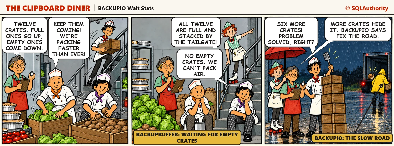 Jesse and Jules pack crates in the basement until they run out of empties, because every full crate is stuck by the truck across a gravel lot. In the last panel Ace brings six more crates while a snail outpaces the driver on the gravel: "More crates hide it. BACKUPIO says fix the road."