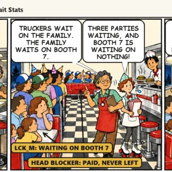 A softball team pays but keeps booth 7 and its reserved card, and three parties end up waiting in a chain behind it. In the last panel Casey offers coffee at the counter and every waiting party drops into a seat like falling dominoes: "They paid at 8:15. They never handed back the card."