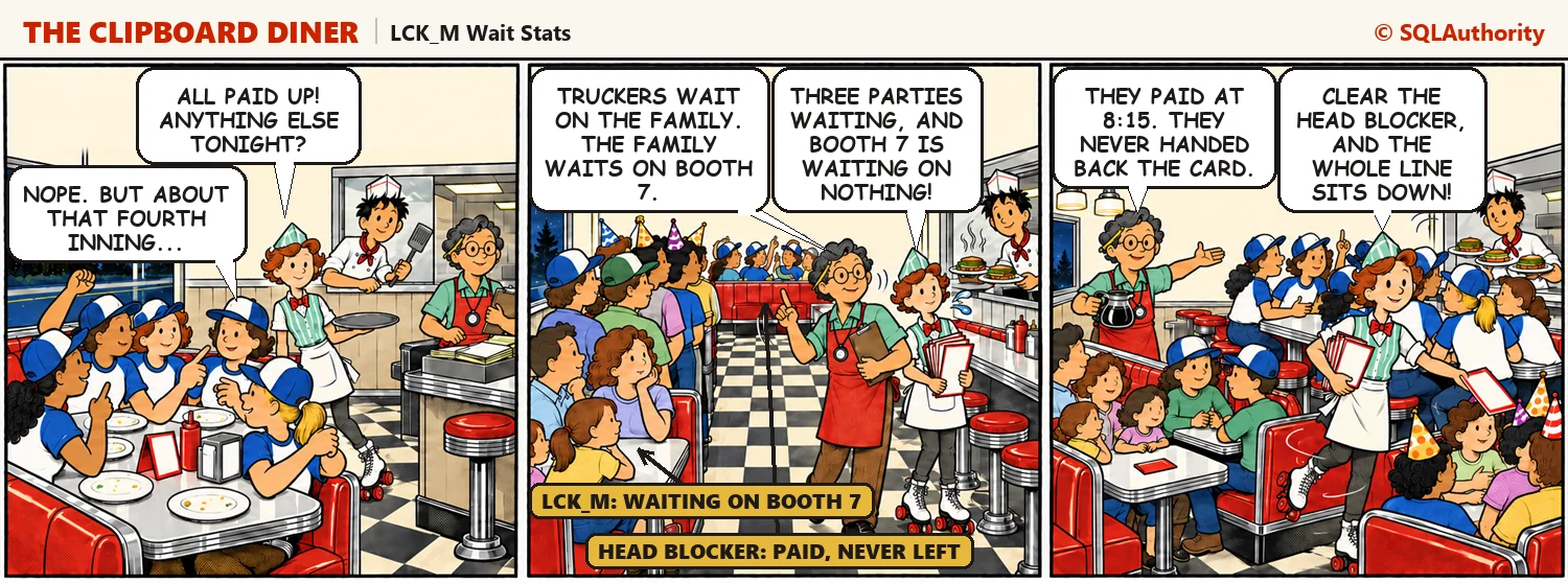 A softball team pays but keeps booth 7 and its reserved card, and three parties end up waiting in a chain behind it. In the last panel Casey offers coffee at the counter and every waiting party drops into a seat like falling dominoes: "They paid at 8:15. They never handed back the card."