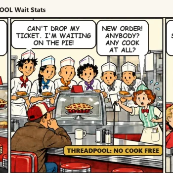 Every cook in the kitchen stands at the pie case waiting on a pie the bowling league reserved, so a new order goes untouched. In the last panel Casey hands the league the pie and all six cooks burst away in every direction: "We weren't short of cooks. We were stuck on pie!"