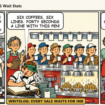 Plates stall at the pass while Pat writes six one-coffee tickets with a slow, blotting fountain pen. In the last panel Pat has a ballpoint, the truckers hold up one shared ticket, and the limp fries stand back up at attention: "A faster pen, and one ticket for the whole counter."