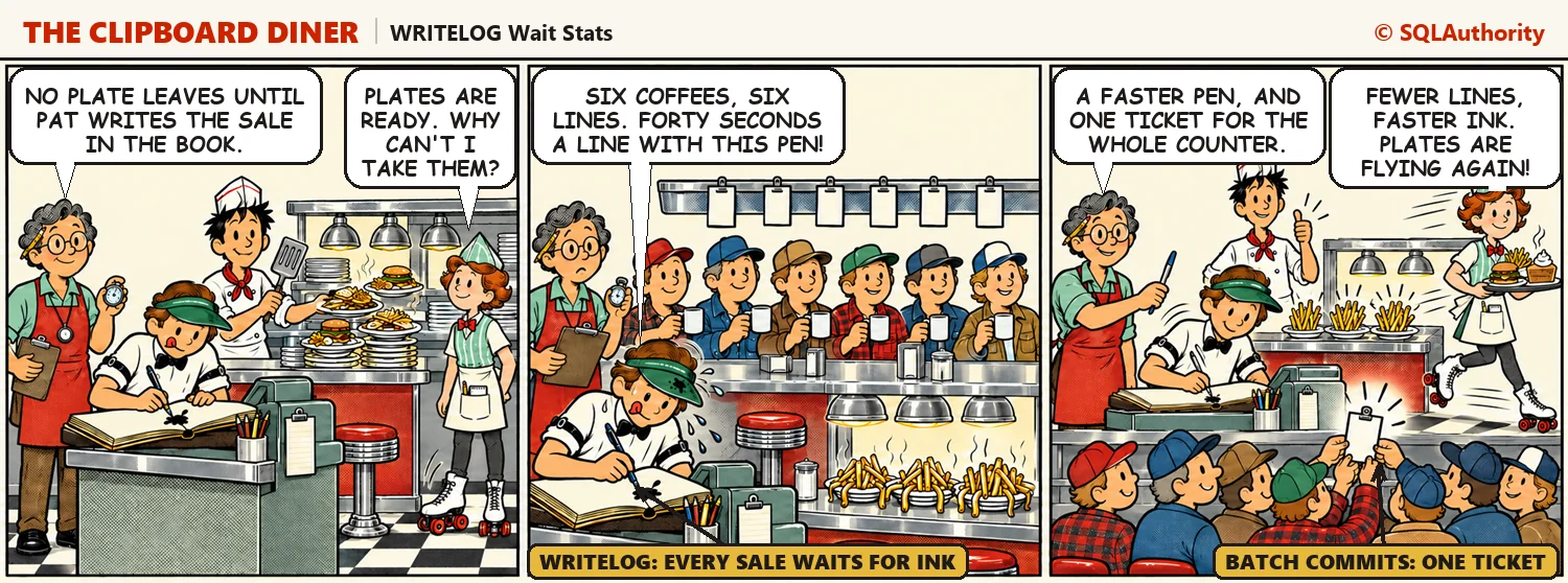 Plates stall at the pass while Pat writes six one-coffee tickets with a slow, blotting fountain pen. In the last panel Pat has a ballpoint, the truckers hold up one shared ticket, and the limp fries stand back up at attention: "A faster pen, and one ticket for the whole counter."