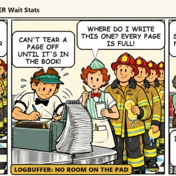 A crowd of firefighters fills every page of Pat's notepad faster than Pat can copy them into the order book, leaving Quinn nowhere to write. In the last panel Kit and Ace haul in a notepad as tall as a door and Casey waves it off: "It fills too, five minutes later. The book is the slow part."