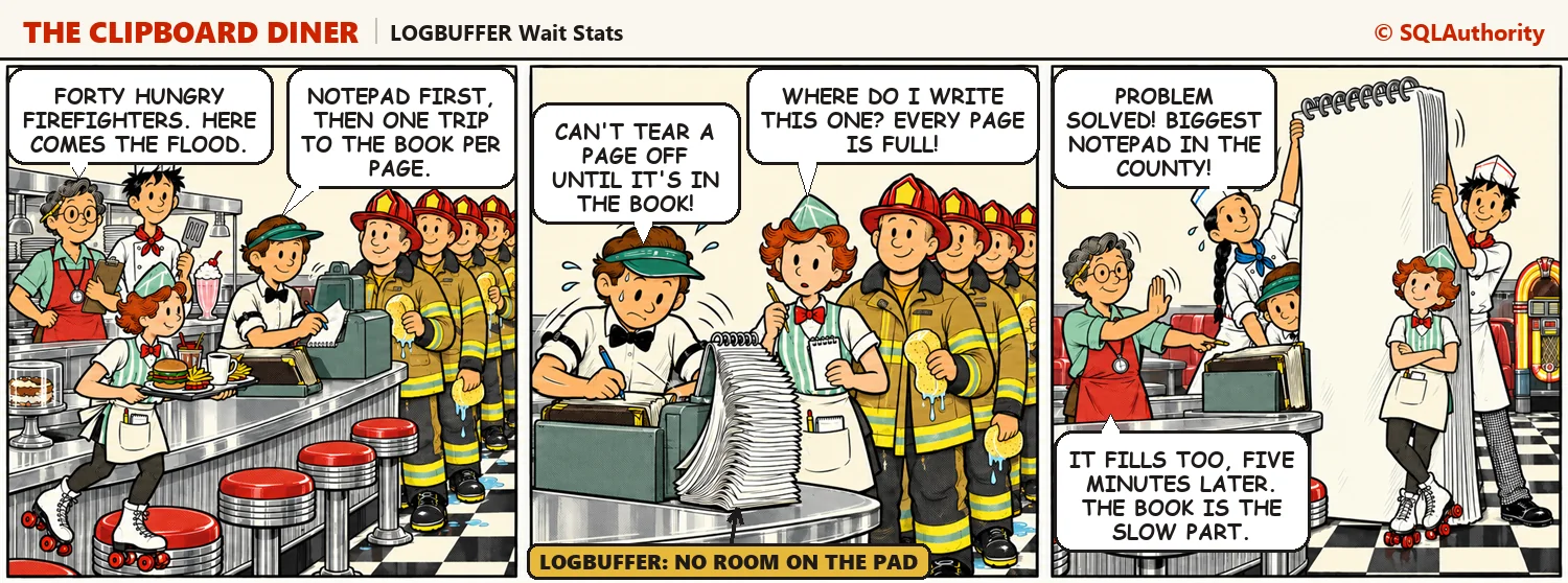 A crowd of firefighters fills every page of Pat's notepad faster than Pat can copy them into the order book, leaving Quinn nowhere to write. In the last panel Kit and Ace haul in a notepad as tall as a door and Casey waves it off: "It fills too, five minutes later. The book is the slow part."