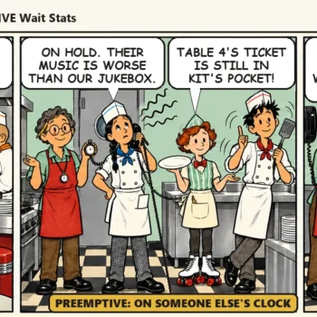 Kit hands the burner to Jesse, calls town hall on the wall phone, and gets stuck on hold with table 4's ticket still in Kit's pocket. In the last panel Casey holds the stopwatch up to the phone as if town hall could hear it tick: "Their clock, not ours. The wait name says who to call."