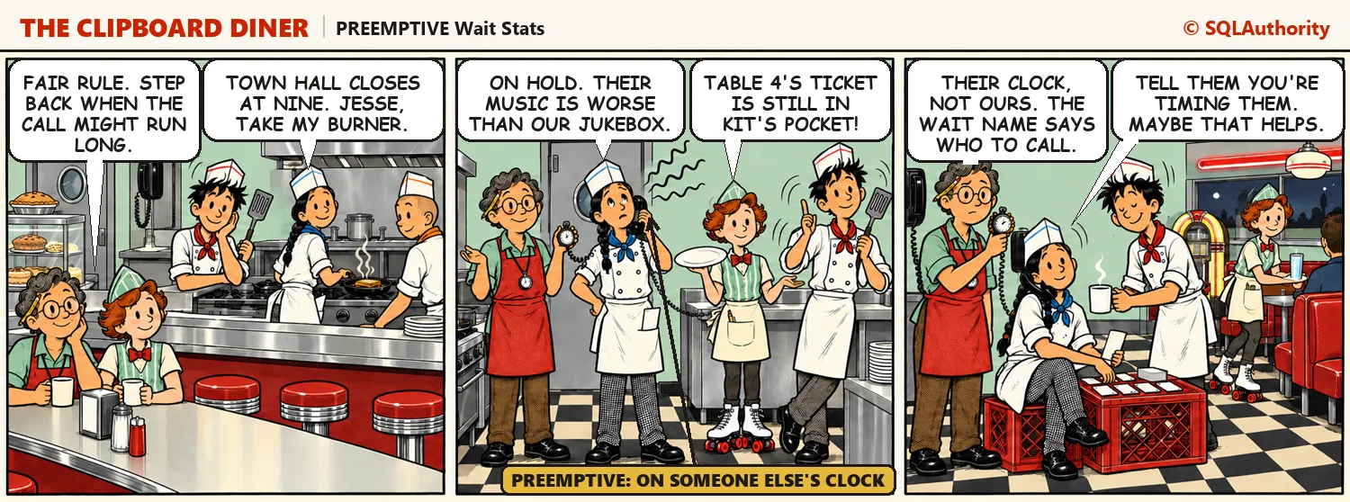 Kit hands the burner to Jesse, calls town hall on the wall phone, and gets stuck on hold with table 4's ticket still in Kit's pocket. In the last panel Casey holds the stopwatch up to the phone as if town hall could hear it tick: "Their clock, not ours. The wait name says who to call."