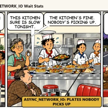 Comic strip: Quinn tells a long deer story at a booth while the pass fills with plates, then Ace measures the highway with a tape while Quinn finally carries every plate out on one giant tray. Casey says, "The road was never it. Grab every plate, then talk."