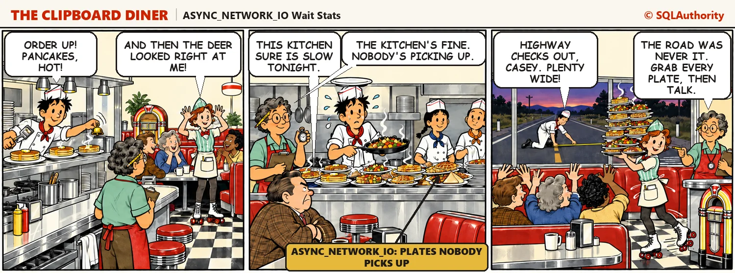 Comic strip: Quinn tells a long deer story at a booth while the pass fills with plates, then Ace measures the highway with a tape while Quinn finally carries every plate out on one giant tray. Casey says, "The road was never it. Grab every plate, then talk."