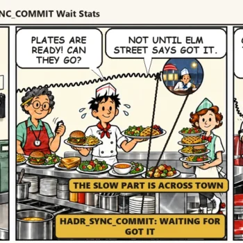 Comic strip: Pat must phone every sale to the sister diner before a plate can leave, so plates pile up while a clerk across town writes with a dull pencil, until Pat reads eight checks in one breath. Casey says, "One call for eight checks. And Elm Street gets a sharp pencil."