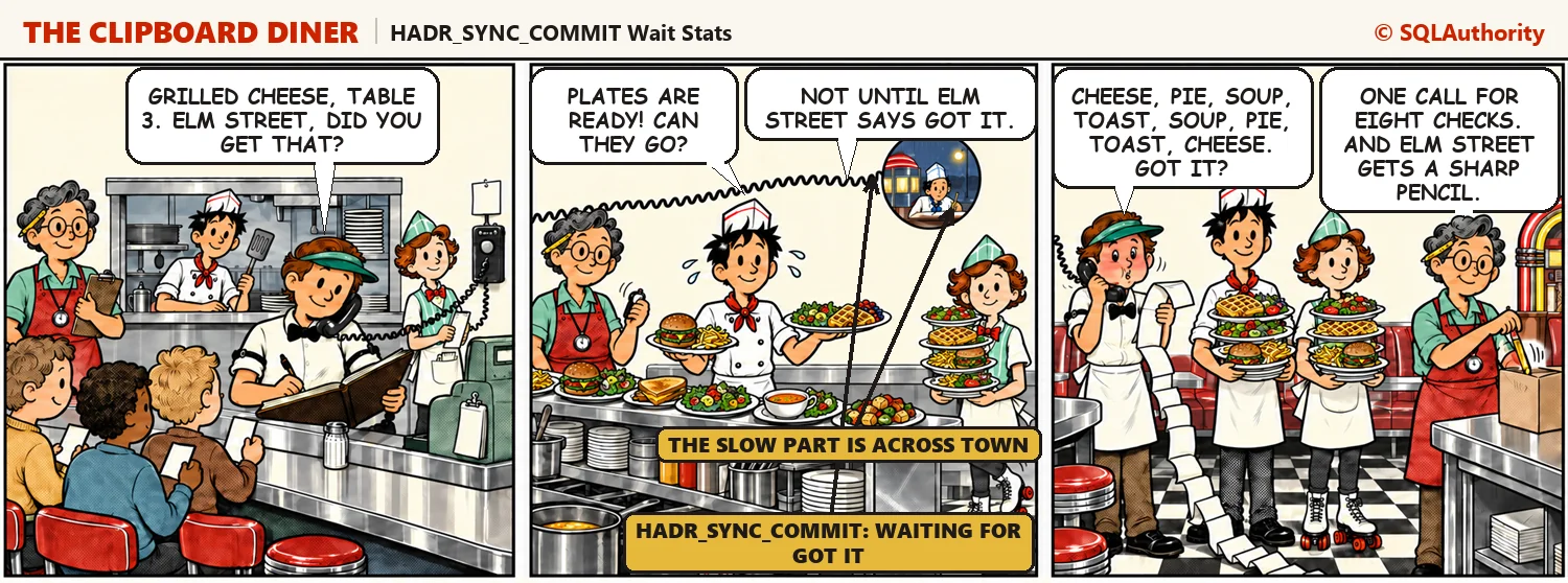 Comic strip: Pat must phone every sale to the sister diner before a plate can leave, so plates pile up while a clerk across town writes with a dull pencil, until Pat reads eight checks in one breath. Casey says, "One call for eight checks. And Elm Street gets a sharp pencil."