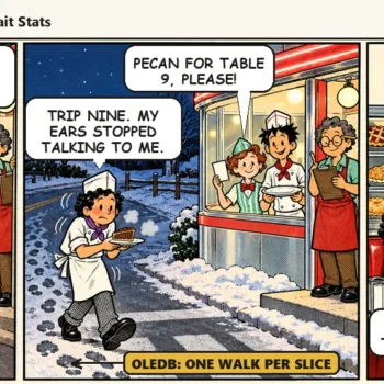Comic strip: Jules first hauls twelve pies across the highway, then makes nine cold trips for single slices, and finally relaxes in giant earmuffs beside a full pie case. Casey says, "Pies come at dawn now. Nobody crosses the road at night."