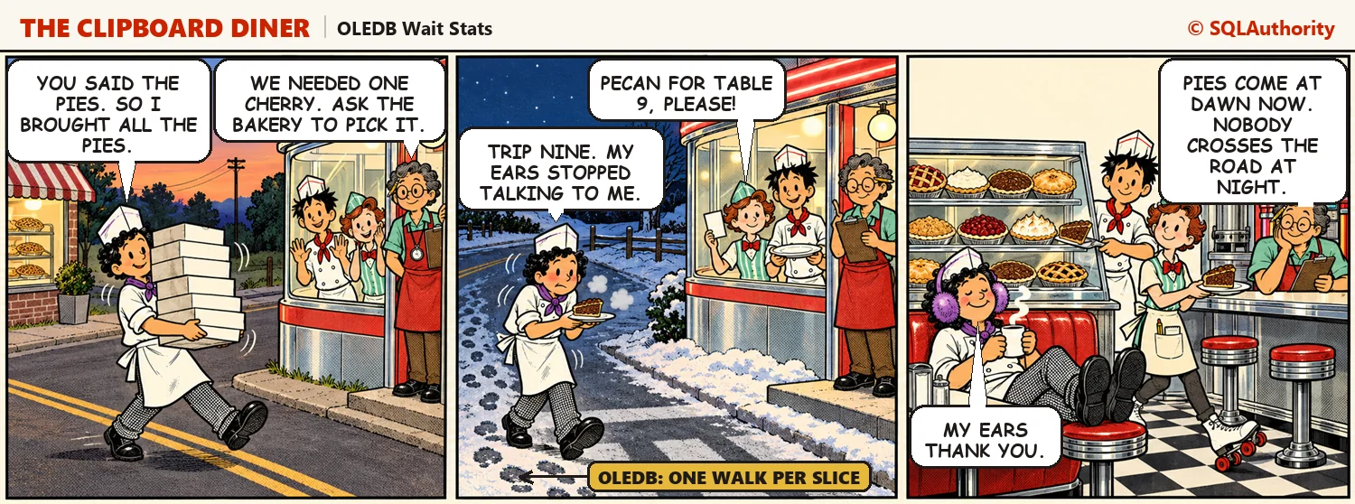 Comic strip: Jules first hauls twelve pies across the highway, then makes nine cold trips for single slices, and finally relaxes in giant earmuffs beside a full pie case. Casey says, "Pies come at dawn now. Nobody crosses the road at night."