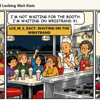 Comic strip: Casey trades the old booth cards for wristbands, but Jesse still waits on one milkshake party, ending up knitting a long scarf in a lawn chair as Quinn brings a fourth round. Casey says, "Optimized locking, same lesson. Bring the check sooner."