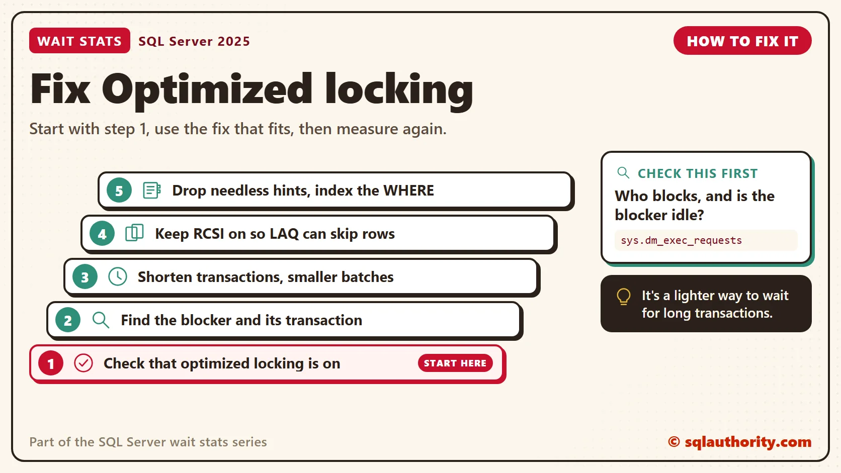 How to fix Optimized locking, in order: 1. Check that optimized locking is on; 2. Find the blocker and its transaction; 3. Shorten transactions, smaller batches; 4. Keep RCSI on so LAQ can skip rows; 5. Drop needless hints, index the WHERE. Check first: Who blocks, and is the blocker idle?.
