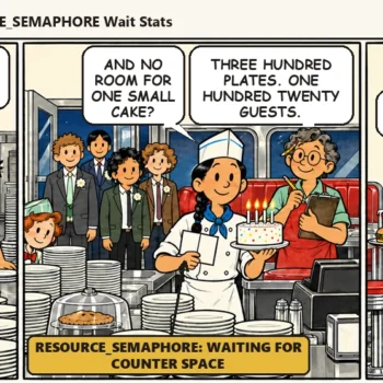 Comic strip: Dee reserves the whole counter with three hundred plates for a wedding that brings one hundred twenty guests, so Kit's birthday cake ends up balanced on Ace's tall cook's hat. Casey says, "Next time we count heads before we clear the counter."