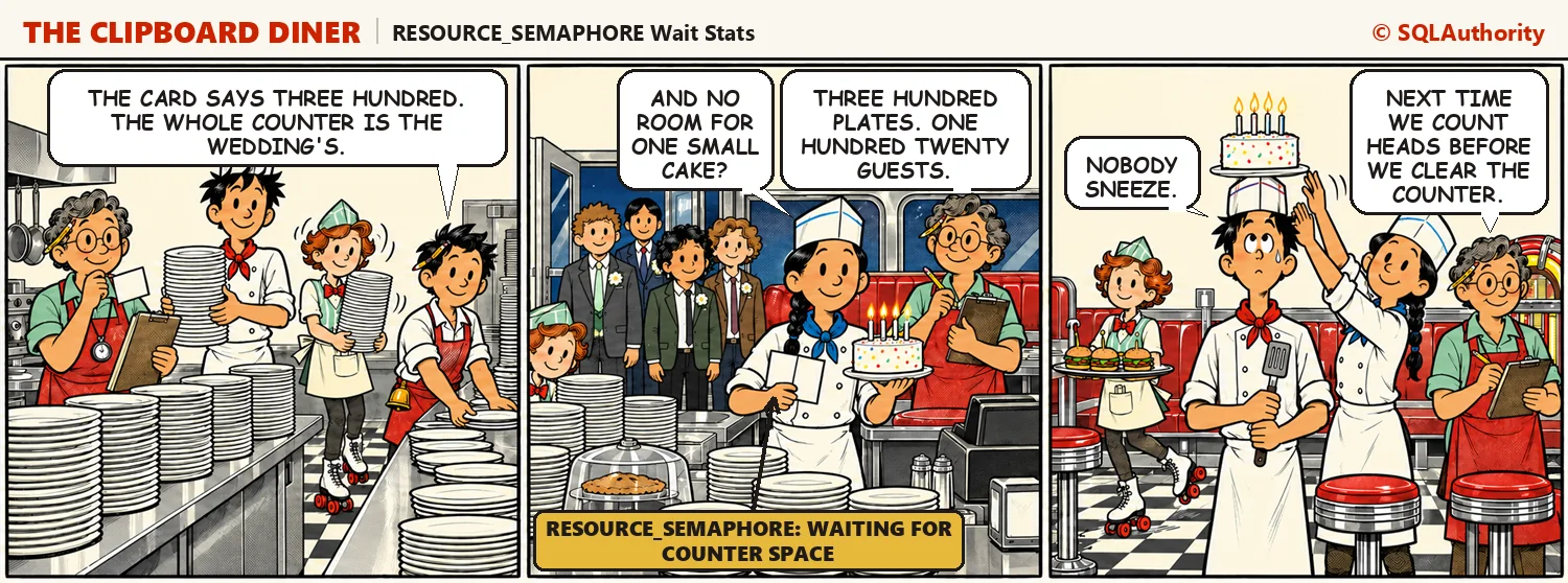 Comic strip: Dee reserves the whole counter with three hundred plates for a wedding that brings one hundred twenty guests, so Kit's birthday cake ends up balanced on Ace's tall cook's hat. Casey says, "Next time we count heads before we clear the counter."
