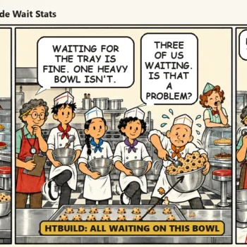 Comic strip: four cooks build one giant cookie tray, three of them wait on Jesse's heavy bowl of chunky dough, and with the dough split evenly they all finish at once in a synchronized dance pose. Casey says, "Even bowls, short wait. The tray was never the problem."
