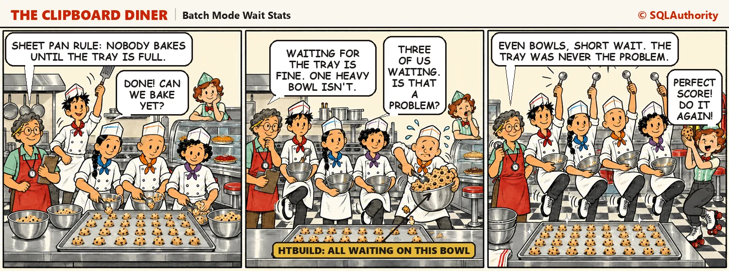 Comic strip: four cooks build one giant cookie tray, three of them wait on Jesse's heavy bowl of chunky dough, and with the dough split evenly they all finish at once in a synchronized dance pose. Casey says, "Even bowls, short wait. The tray was never the problem."