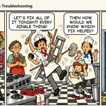 Comic strip: Casey turns four weeks of notes into a one page chart, Ace tries to fix everything at once, and then gets caught about to wake the sleeping night baker with a pot. Jules says, "Night baker on top? Cross it out. Read the next one."
